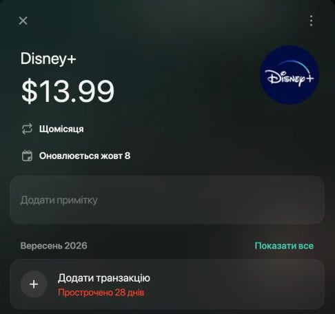 Регулярний платіж Disney+, $13.99 Щомісяця; у вересні 2026 — Додати транзакцію з червоним Прострочено 28 днів.