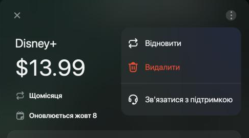 Скасований регулярний платіж Disney+ з відкритим меню: Відновити, Видалити та Зв'язатися з підтримкою.
