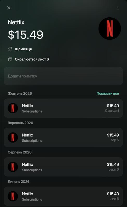 Регулярний платіж Netflix, $15.49 Щомісяця, Оновлюється лист 6, з оплатою Netflix $15.49 у кожному місяці з липня по жовтень 2026.
