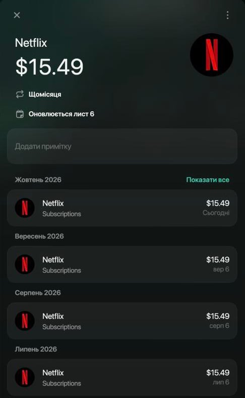 Регулярний платіж Netflix, $15.49 Щомісяця, Оновлюється лист 6, з оплатою Netflix $15.49 у кожному місяці з липня по жовтень 2026.