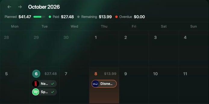 October 2026 calendar: Planned $41.47, Paid $27.48, Remaining $13.99, Overdue $0.00. On the 6th, Netflix and Spotify with check marks; on the 8th, Disney+ in an orange frame.