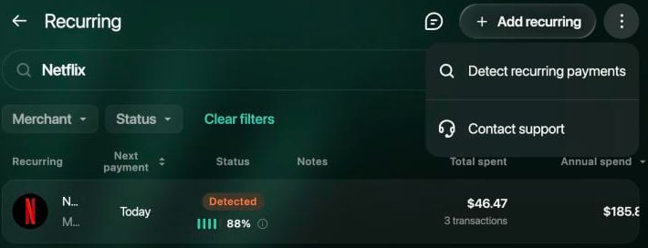 Recurring page with the menu open: Detect recurring payments and Contact support. Below, Netflix with the Detected label and 88%.