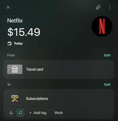 Netflix transaction of $15.49 today from Travel card to Subscriptions; under the category, the family icon, the highlighted recurring icon, Add tag and Work.