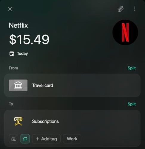 Netflix transaction of $15.49 today from Travel card to Subscriptions; under the category, the family icon, the highlighted recurring icon, Add tag and Work.