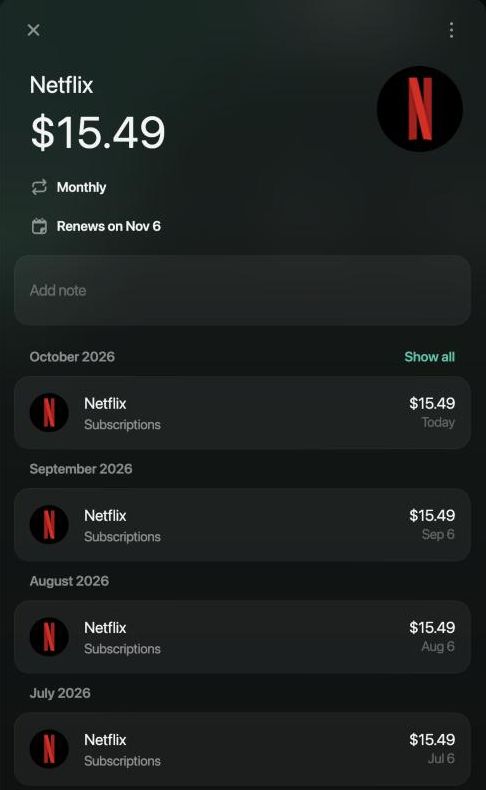 Netflix recurring payment, $15.49 Monthly, Renews on Nov 6, with one Netflix payment of $15.49 in each month from July to October 2026.