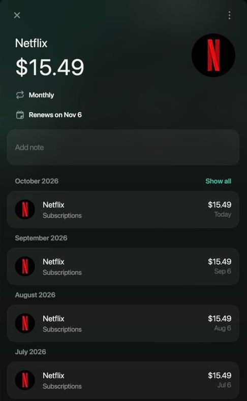 Netflix recurring payment, $15.49 Monthly, Renews on Nov 6, with one Netflix payment of $15.49 in each month from July to October 2026.
