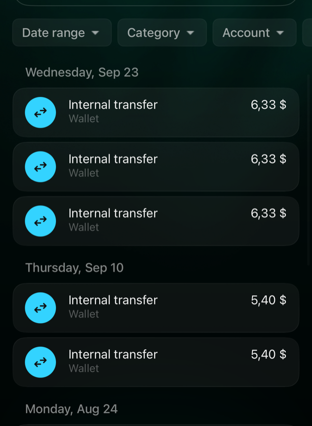 iOS Transactions searched for Uber: rides on Sep 23 and Sep 10 listed as Internal transfer to Wallet, 6,33 $ and 5,40 $.