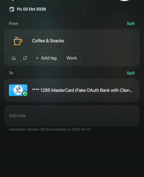 A bank transaction of $100.00 on Fri, 02 Oct 2026 with Starbucks picked as the merchant: From now shows Coffee & Snacks, To shows the connected card **** 1285 MasterCard, and the bank's description reads Sample USD for transaction on 2026-10-02.