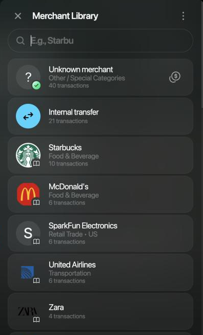 Merchant Library on the web: Unknown merchant with 40 transactions, Internal transfer, Starbucks (Food & Beverage), McDonald's, SparkFun Electronics, United Airlines and Zara, each with its number of transactions.