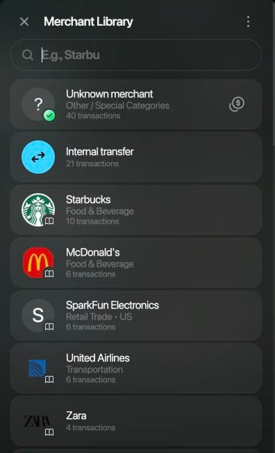 Merchant Library on the web: Unknown merchant with 40 transactions, Internal transfer, Starbucks (Food & Beverage), McDonald's, SparkFun Electronics, United Airlines and Zara, each with its number of transactions.
