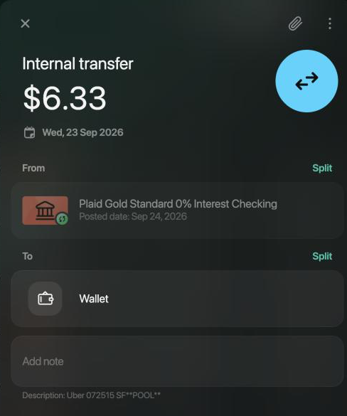 Internal transfer of $6.33 on Wed, 23 Sep 2026 from the connected Plaid Gold Standard 0% Interest Checking account to Wallet, with the bank's description Uber 072515 SF**POOL**.