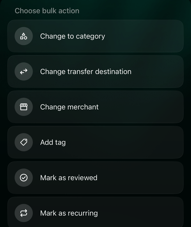 iOS Choose bulk action: Change to category, Change transfer destination, Change merchant, Add tag, Mark as reviewed, Mark as recurring.