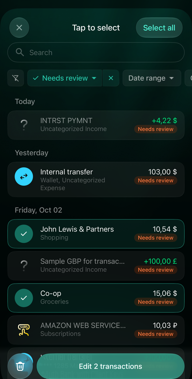 iOS Tap to select screen with Select all at the top; John Lewis & Partners and Co-op are ticked; Edit 2 transactions and a trash button at the bottom.