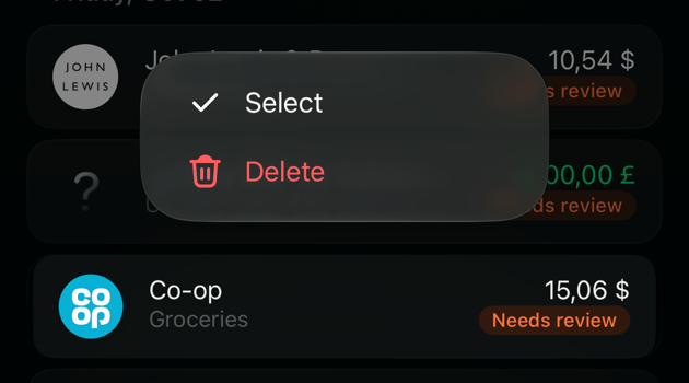 iOS Transactions list with a menu over the Co-op row: Select and Delete.