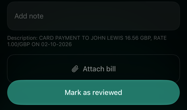 Bottom of an iOS transaction: Add note, the bank description, Attach bill and a Mark as reviewed button.
