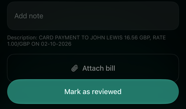Bottom of an iOS transaction: Add note, the bank description, Attach bill and a Mark as reviewed button.