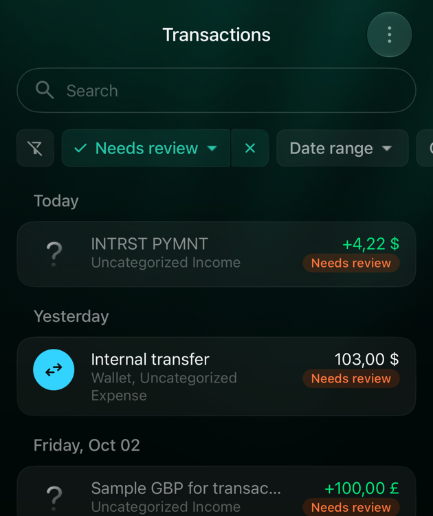 iOS Transactions filtered by Needs review: INTRST PYMNT +4.22 dollars, Uncategorized Income, and an Internal transfer of 103 dollars, each with an orange Needs review label.