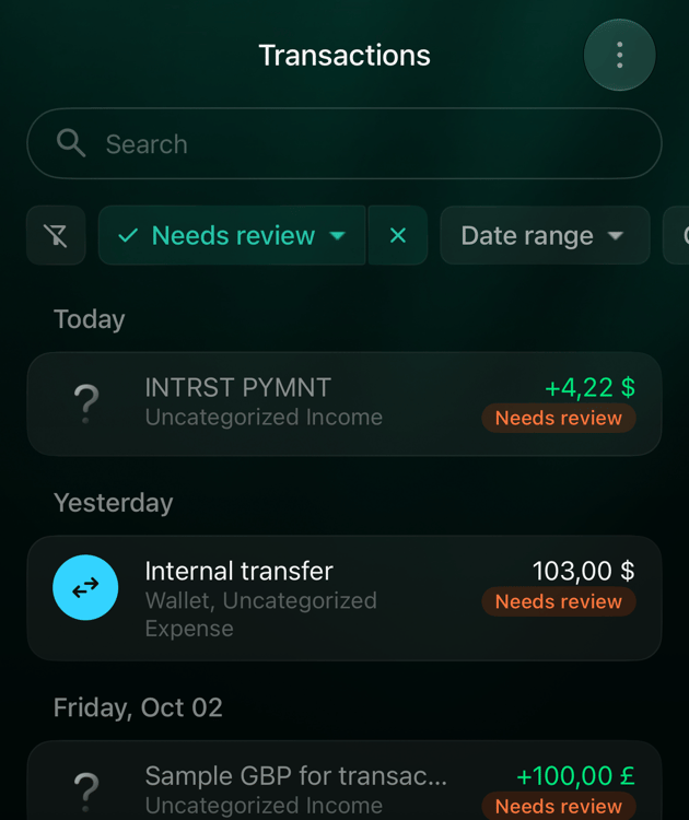iOS Transactions filtered by Needs review: INTRST PYMNT +4.22 dollars, Uncategorized Income, and an Internal transfer of 103 dollars, each with an orange Needs review label.