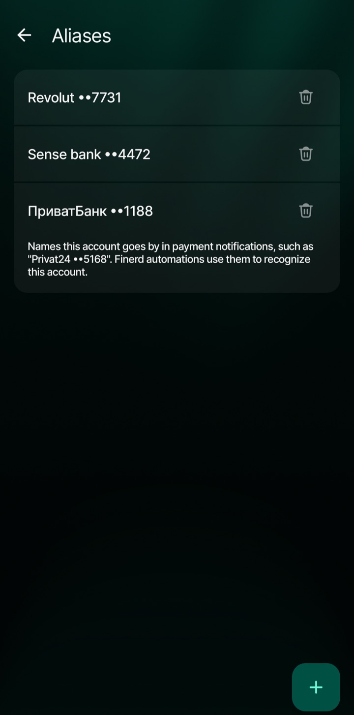 The account's Aliases list, with an add button and a delete icon beside each saved card name.
