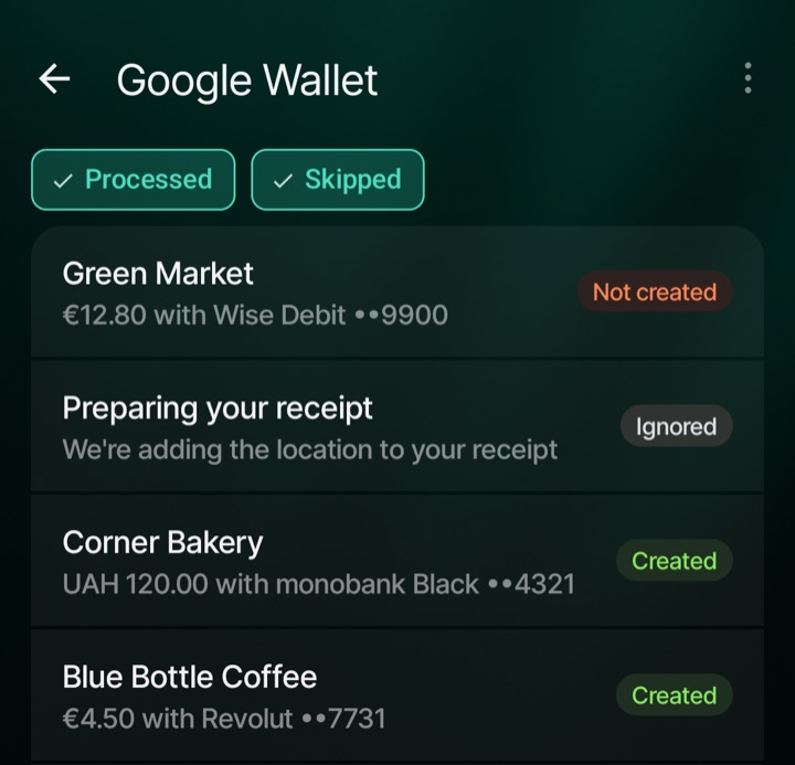 Google Wallet history showing payments marked Not created, Ignored and Created.