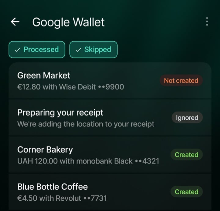 El historial de Google Wallet con pagos marcados como Not created, Ignored y Created.