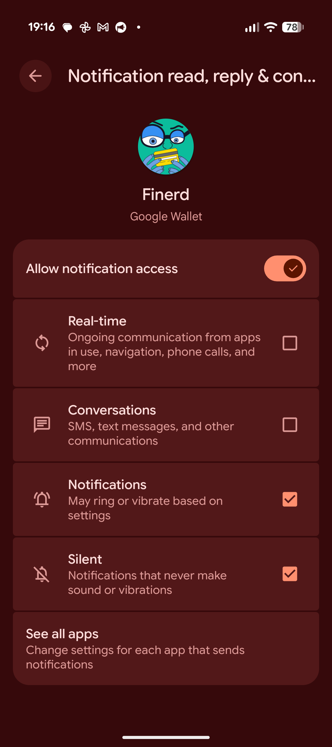 La pantalla de ajustes de Android para finerd con Allow notification access activado.