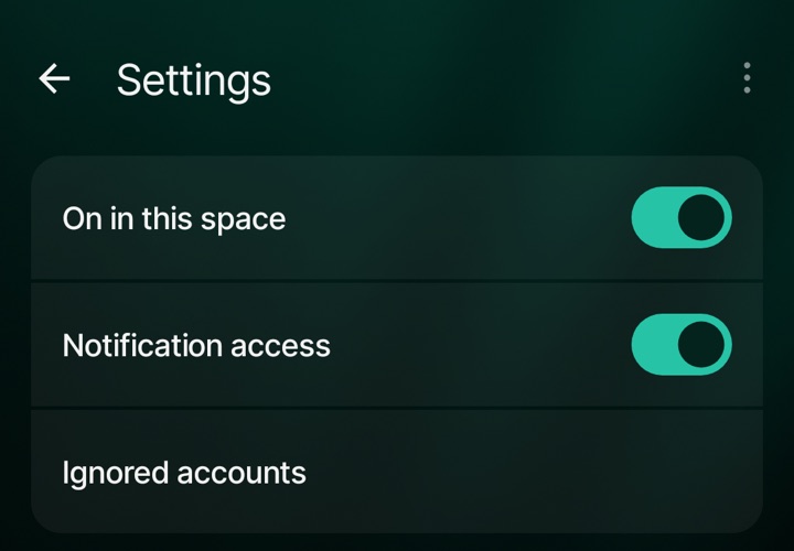 Google Wallet settings with On in this space, Notification access and Ignored accounts.