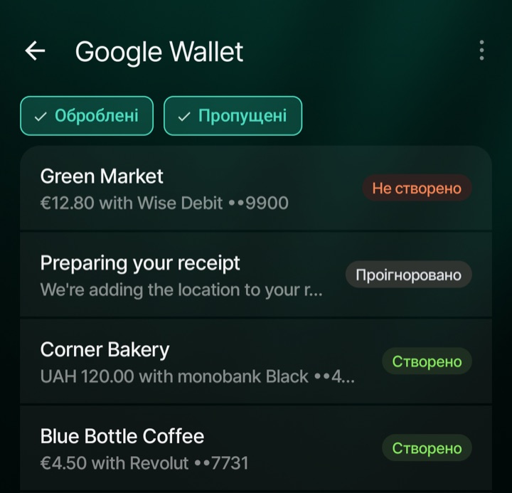 Історія Google Wallet із платежами зі статусами Не створено, Проігноровано та Створено.
