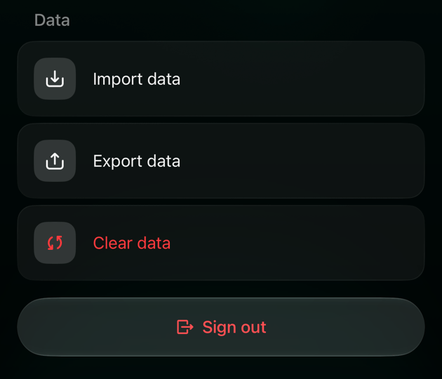 The Data section on iOS: Import data, Export data and Clear data, with Sign out below
