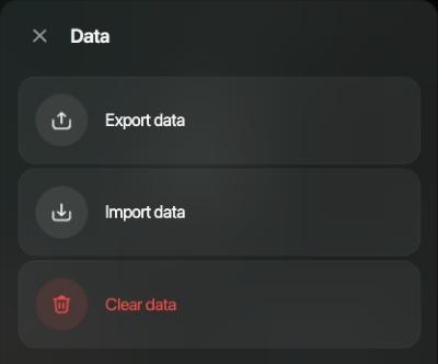 The Data panel on the web with three items: Export data, Import data and Clear data