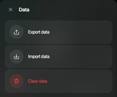 The Data panel on the web with three items: Export data, Import data and Clear data
