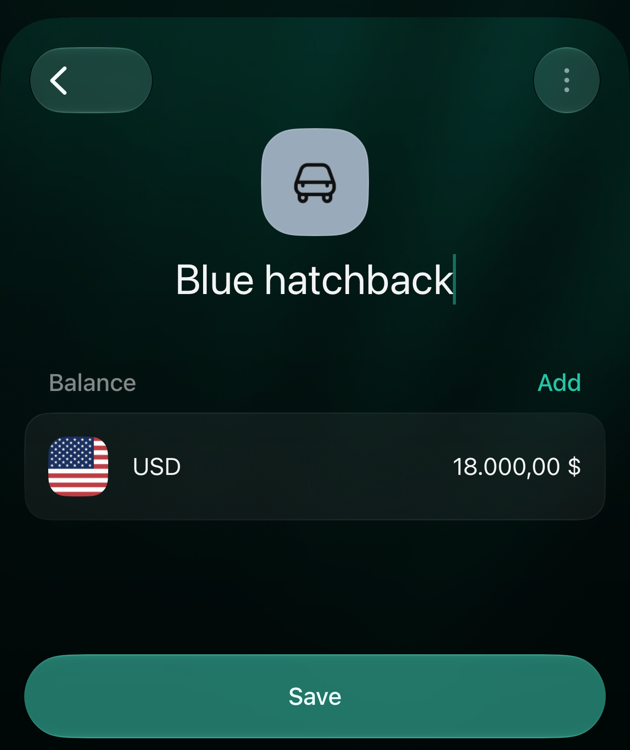 iOS review screen for Blue hatchback with a USD balance of 18.000,00 dollars and Save.