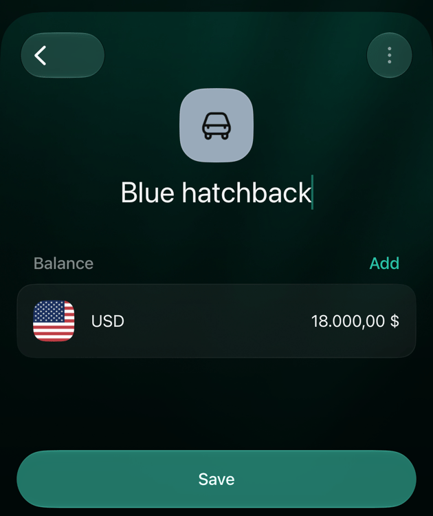 iOS review screen for Blue hatchback with a USD balance of 18.000,00 dollars and Save.