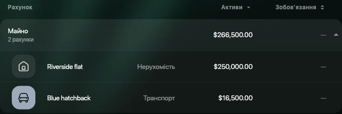 Рахунки, відфільтровані до двох рахунків майна: Майно, 2 рахунки, $266,500.00; Riverside flat, Нерухомість, $250,000.00; Blue hatchback, Транспорт, $16,500.00.