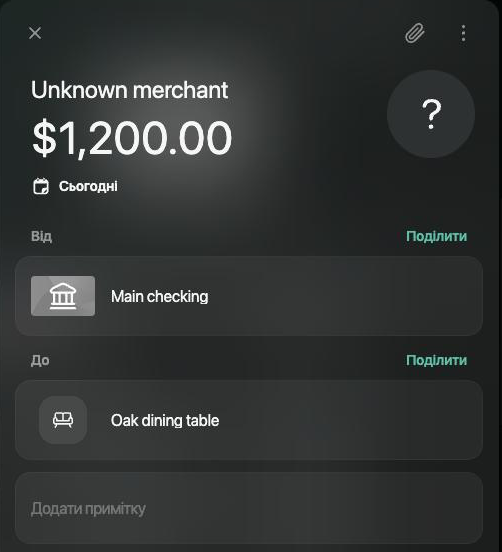 Нова транзакція на $1,200.00, Сьогодні, з Main checking на Oak dining table, із заголовком Unknown merchant.