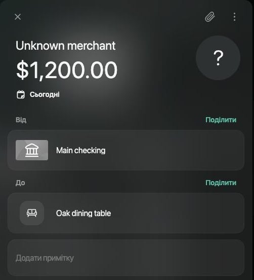Нова транзакція на $1,200.00, Сьогодні, з Main checking на Oak dining table, із заголовком Unknown merchant.