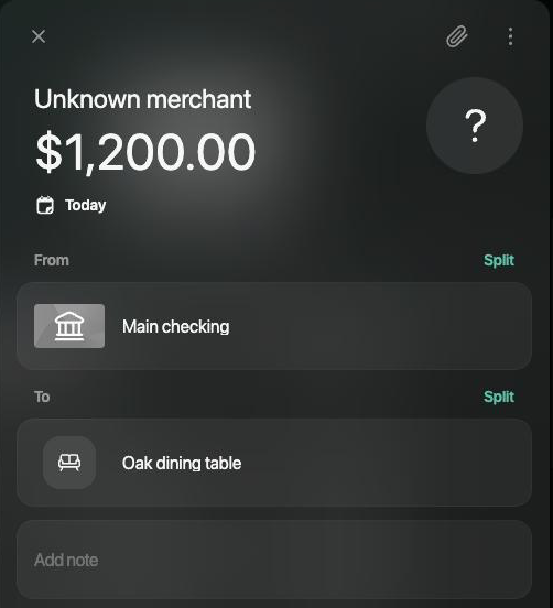 New transaction of $1,200.00, Today, from Main checking to Oak dining table, titled Unknown merchant.