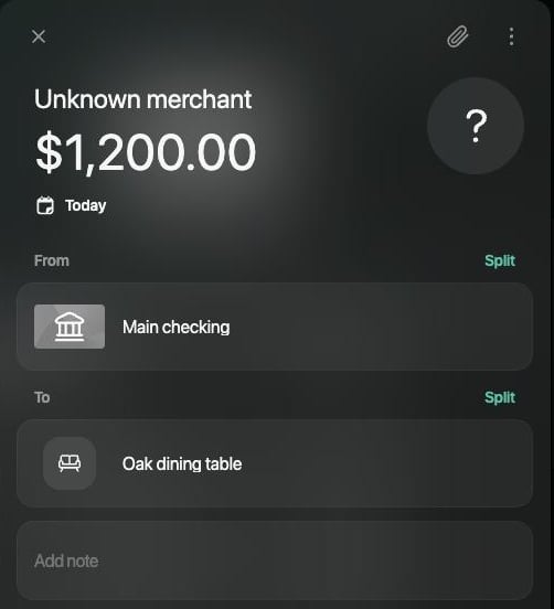 New transaction of $1,200.00, Today, from Main checking to Oak dining table, titled Unknown merchant.