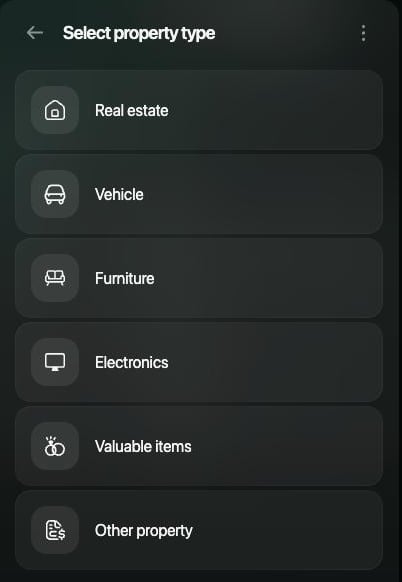 Select property type panel with Real estate, Vehicle, Furniture, Electronics, Valuable items and Other property.