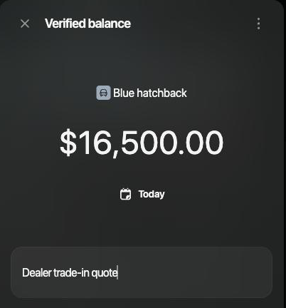 Verified balance for Blue hatchback: $16,500.00, Today, the note Dealer trade-in quote.