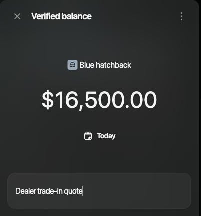 Verified balance for Blue hatchback: $16,500.00, Today, the note Dealer trade-in quote.