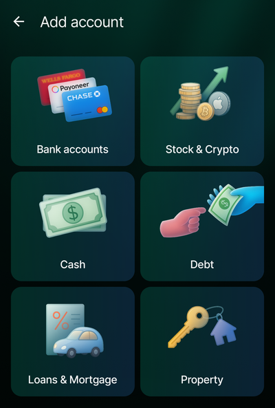 Android Add account screen with Cash among the account types.