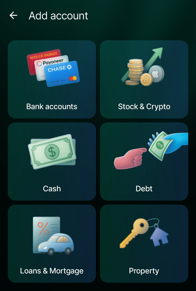 Android Add account screen with Cash among the account types.