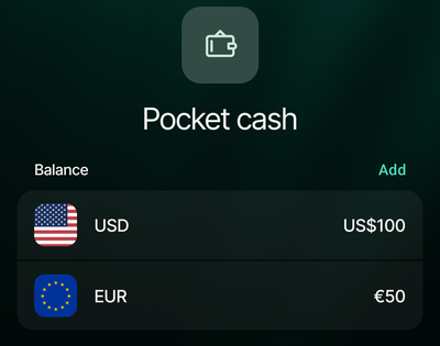 Android new Pocket cash account showing separate USD 100 and EUR 50 balances, with Add beside Balance.