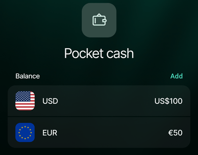 Android new Pocket cash account showing separate USD 100 and EUR 50 balances, with Add beside Balance.
