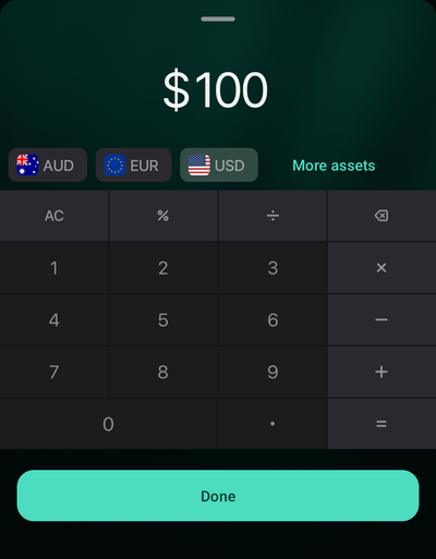 Android amount panel with 100 entered, USD selected, More assets, and Done.