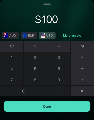 Android amount panel with 100 entered, USD selected, More assets, and Done.