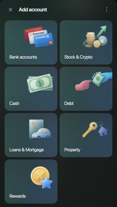 Add account panel with Cash among the account types.