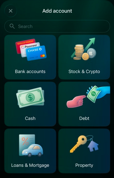 iOS Add account screen with Cash among the account types.