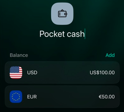 iOS new Pocket cash account showing separate USD 100 and EUR 50 balances, with Add beside Balance.